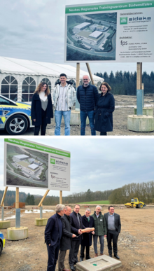 Zwei Bilder: einmal das Team von fps auf der Bausteile und einmal Innenminister Herbert Reul bei der Grundsteinlegung